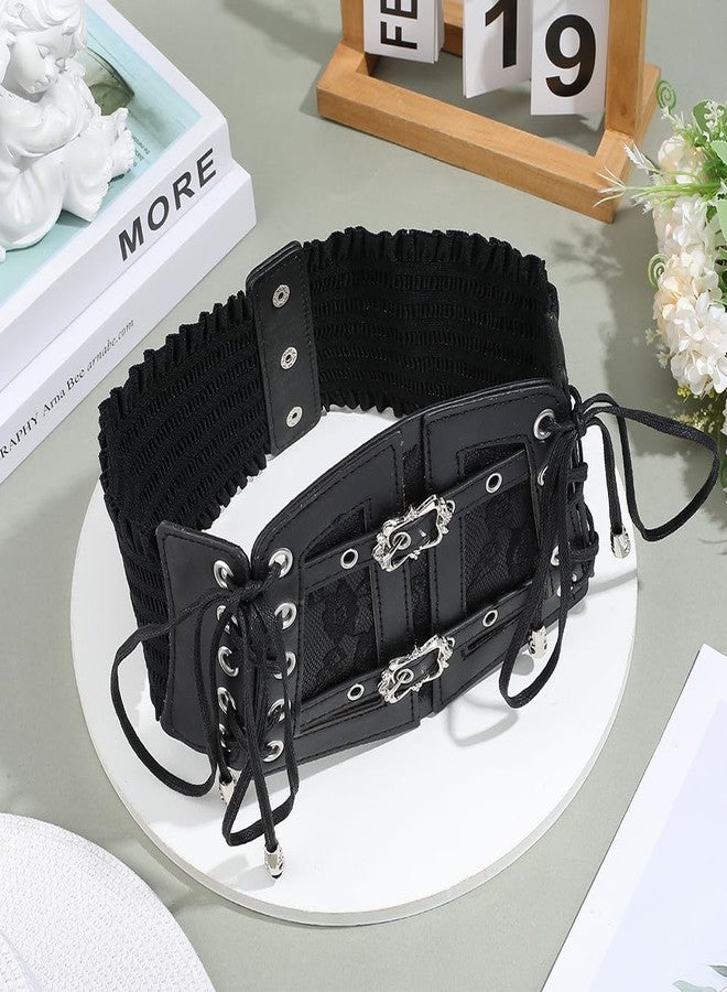 CABODYALS Black Faux Leather Waist Corset Belt Wide Vintage Medieval Around Obi Trendy Elastic Lace Up Waistband Belts with Alloy Buckle Loosens Bulk for Women Dress Shirts Clothes Costume Accessories - Image 3